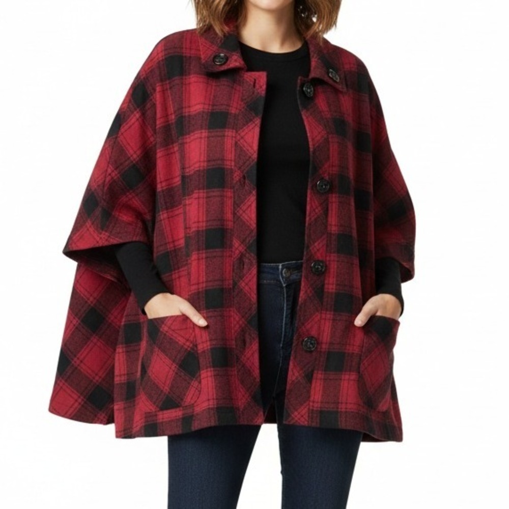 Coldwater Creek Womens Plaid Cape Coat Poncho Red Black Button Pockets